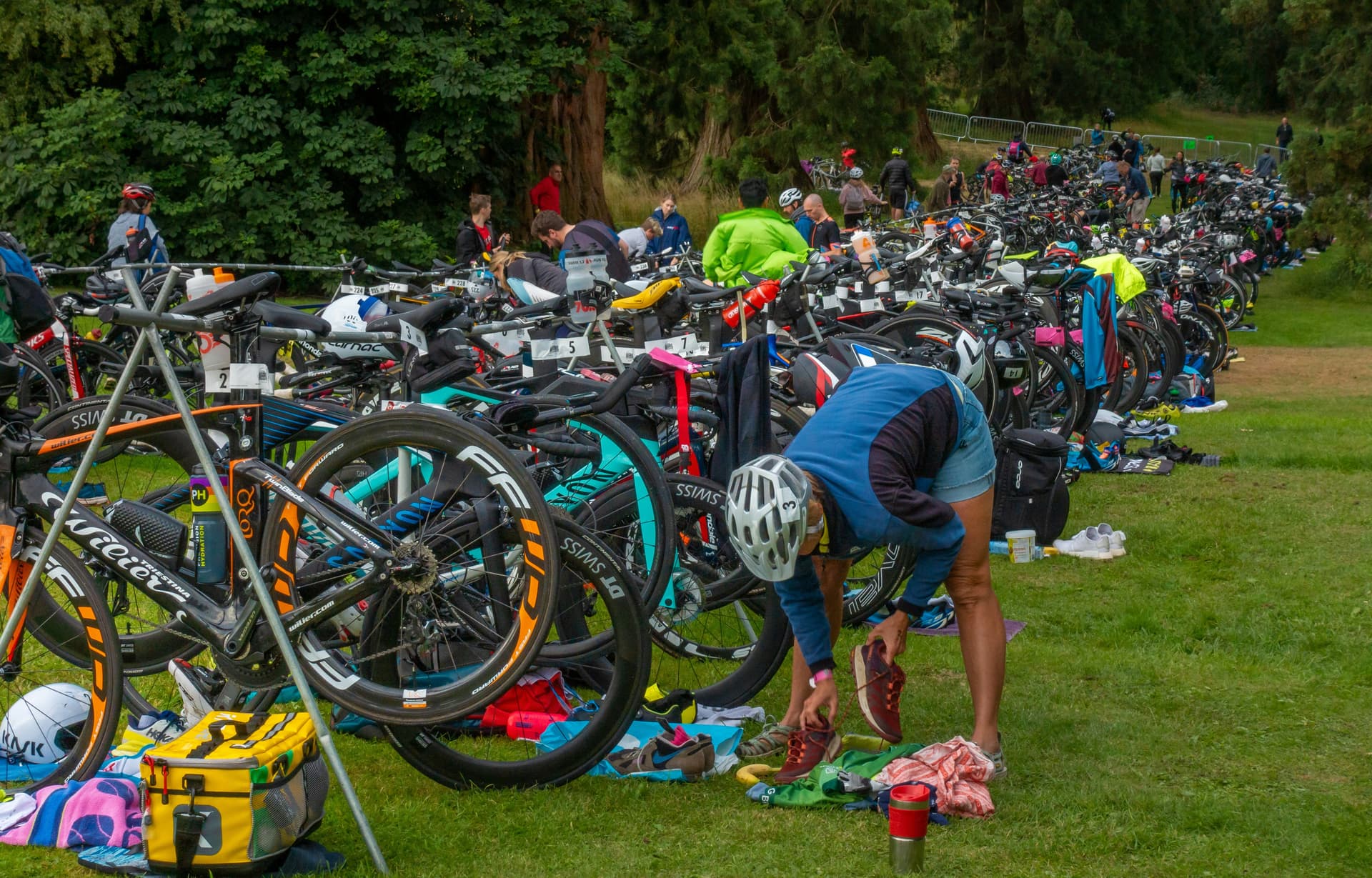 Wide-angle triathlon race photo - athletes in action